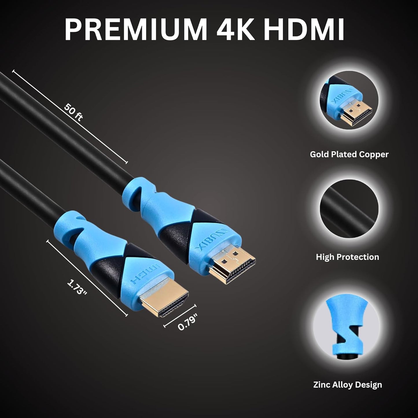 Cabo HDMI XIBUZZ 65 pés 4k - Cabo HDMI 4k 65 pés - 10 Gbps de alta velocidade e 4K @ 60 HZ, 1080p U / HDTV, classificação CL3, suporte ARC e compatível com TV, laptop, monitor, projetor, PS4/5, Hulu TV, Roku TV- 65 pés