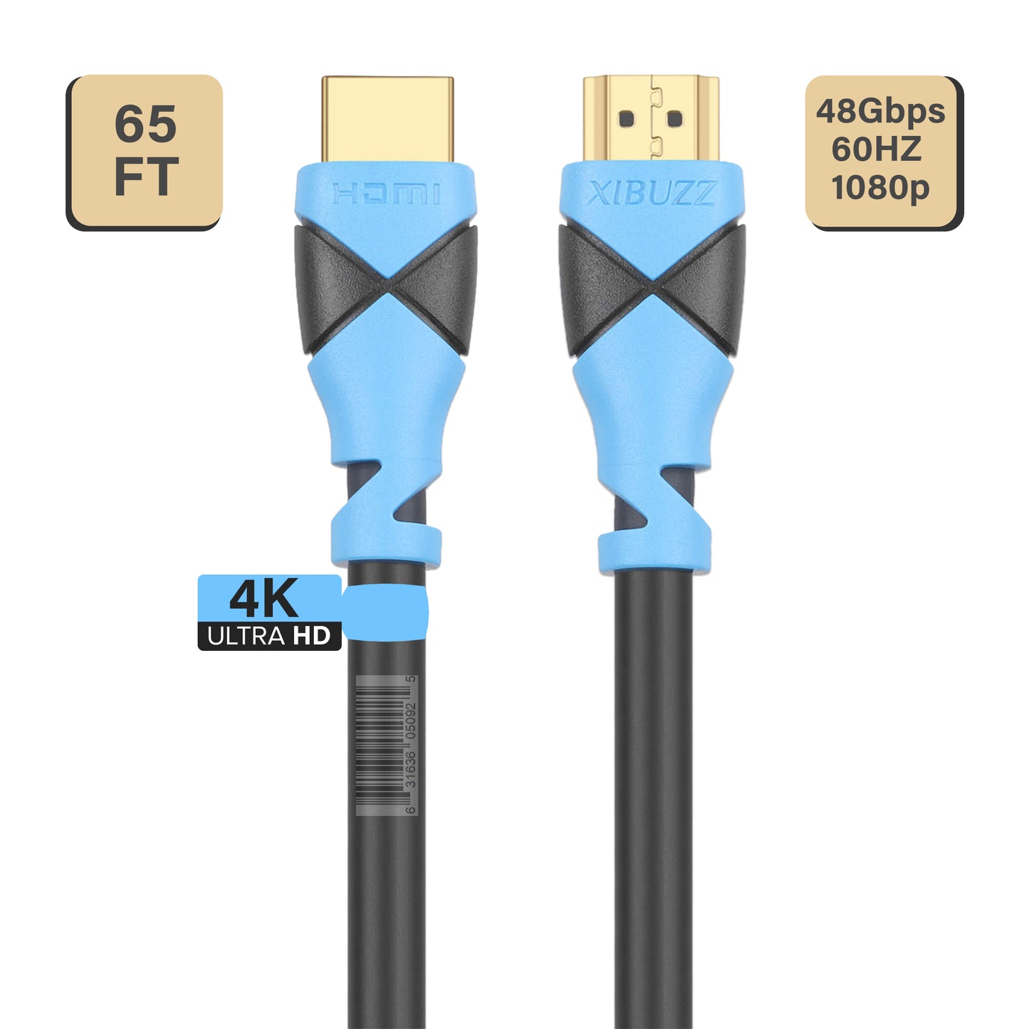 Cabo HDMI XIBUZZ 65 pés 4k - Cabo HDMI 4k 65 pés - 10 Gbps de alta velocidade e 4K @ 60 HZ, 1080p U / HDTV, classificação CL3, suporte ARC e compatível com TV, laptop, monitor, projetor, PS4/5, Hulu TV, Roku TV- 65 pés