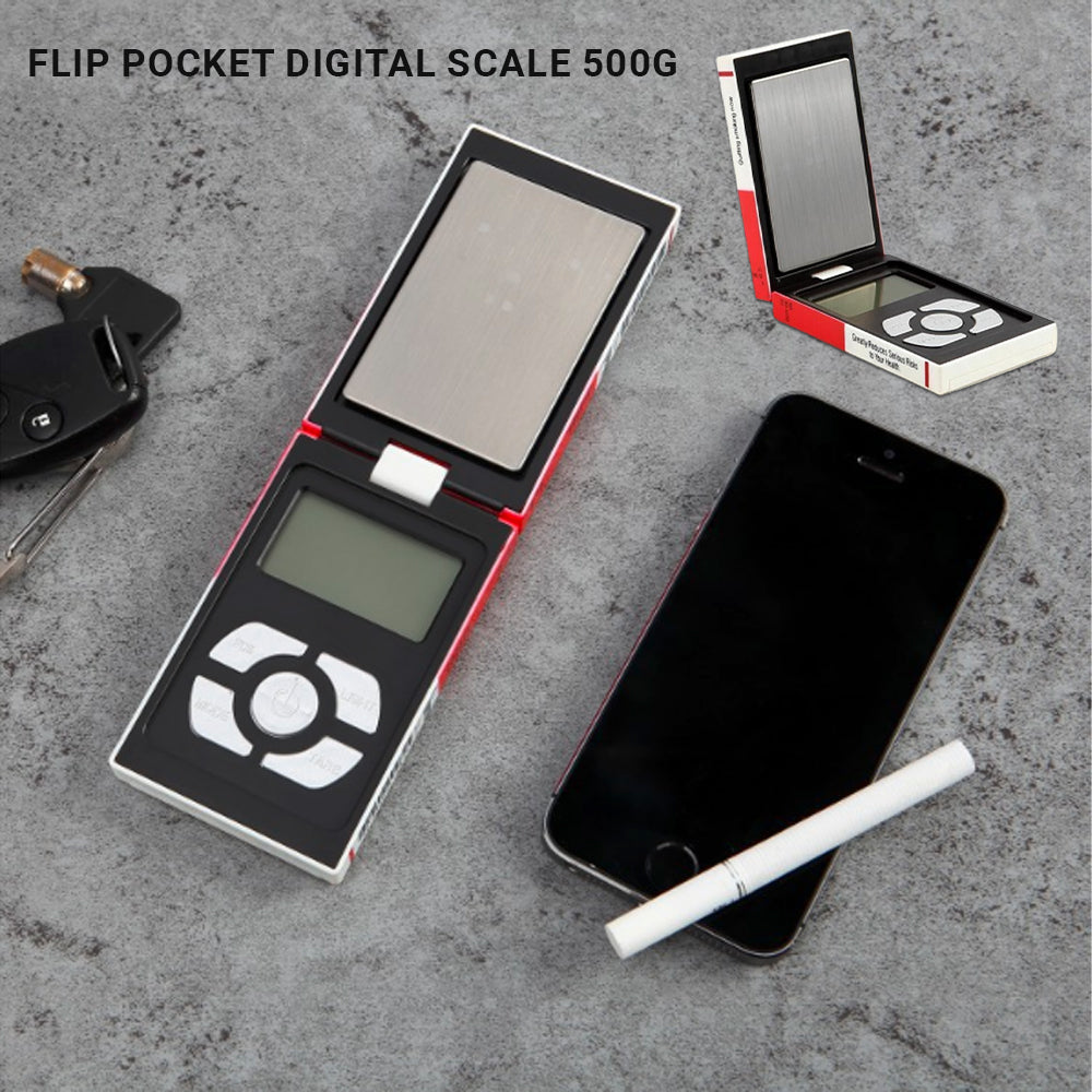 Balance numérique de poche à rabat, capacité de 500 g et précision de 0,01 g.